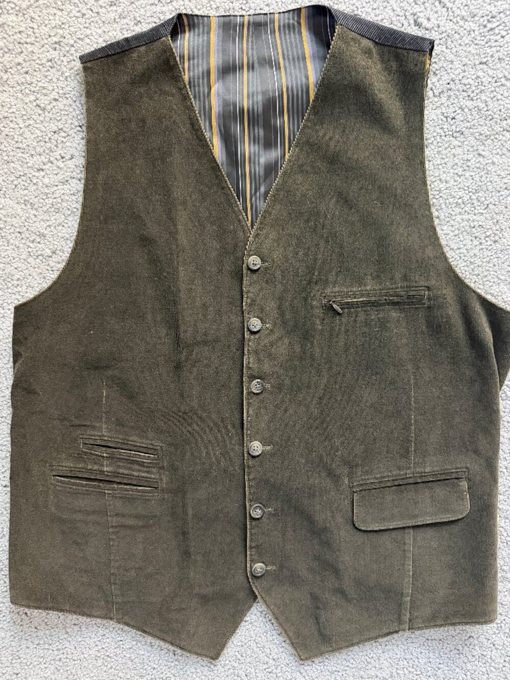 Kroon Olive Green Corduroy Waistcoat Vest Stripe Satin Lining Men's Size